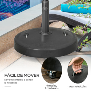 Base de Sombrilla de Jardín de Resina de 25 kg con Ruedas y Asa Retráctil Soporte de Parasol Cuadrado para Postes de Ø38/48 mm para Terraza Patio Ø53x41 cm Negro