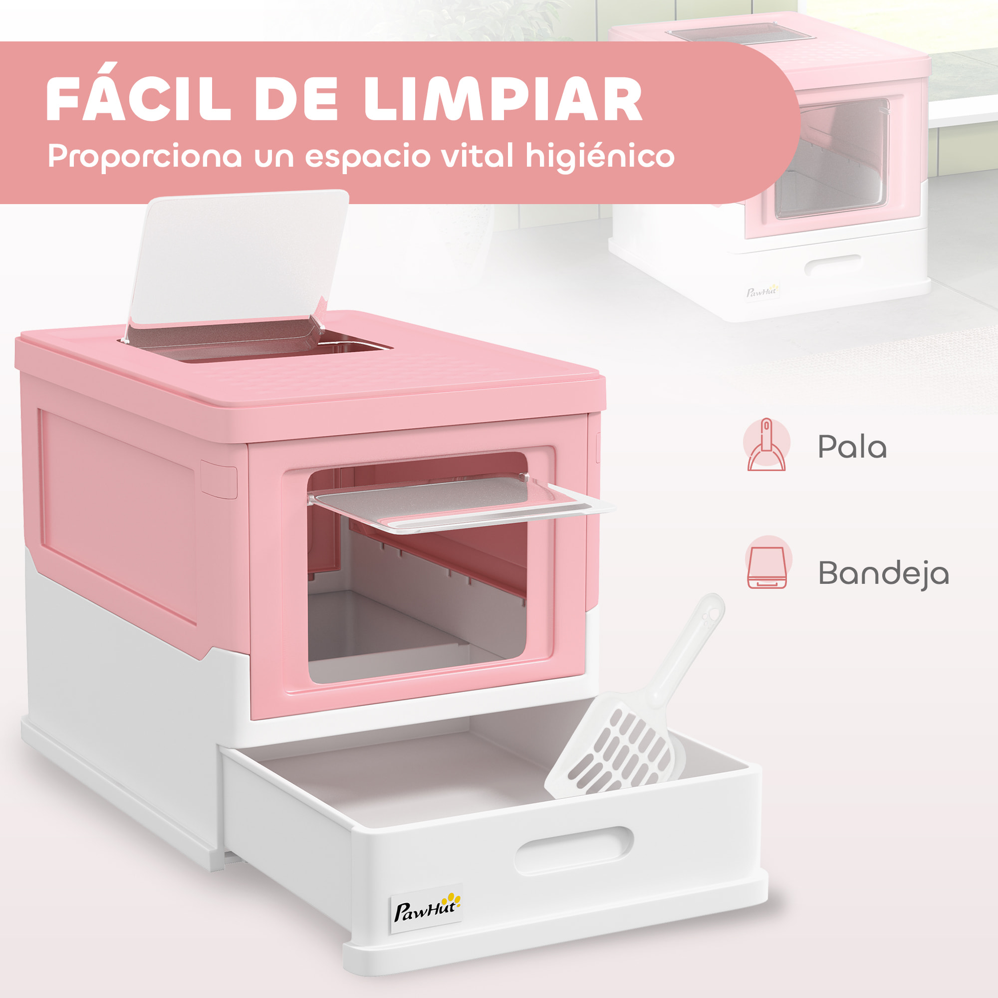 Arenero Cubierto para Gatos Bandeja Higiénica Desmontable con Entrada Frontal y Salida Superior con Pala Incluida para Gatos de hasta 5kg 47,5x35,5x36,7 cm Rosa y Blanco