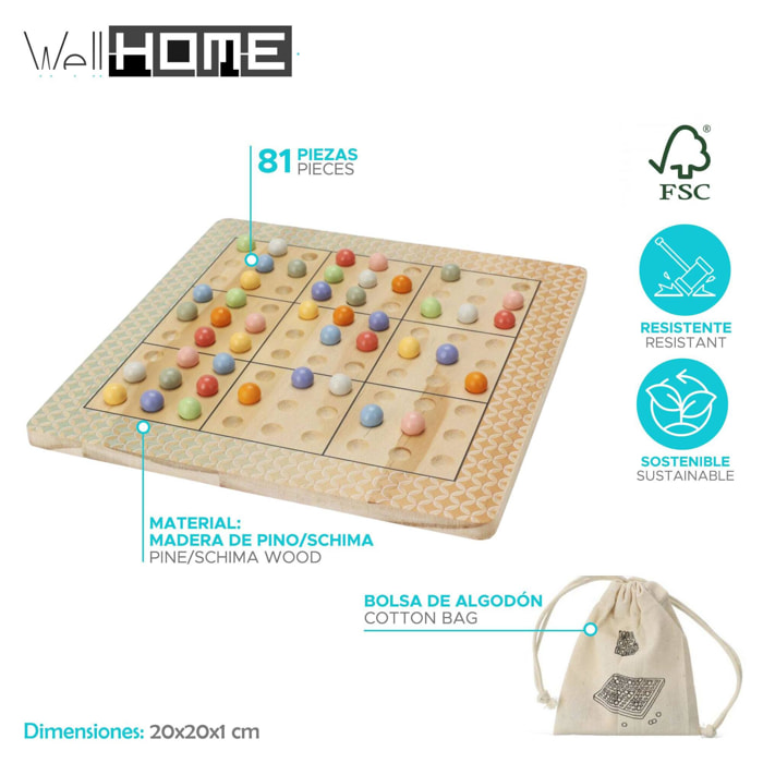 Well home - juego de tablero de desafío sudoku en madera con bolsa de algodón