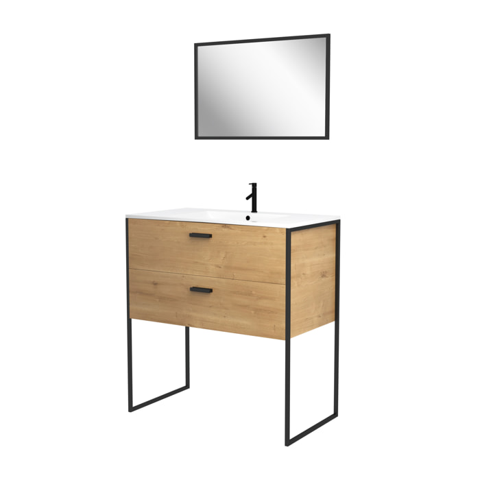 Ensemble meuble de salle de bain 80x45cm style industriel couleur chene naturel - vasque blanche