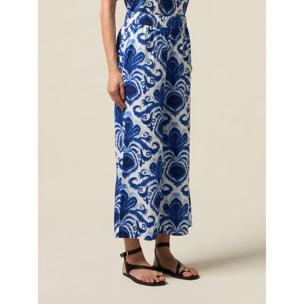 Oltre - Pantaloni palazzo in cotone fantasia - Blu