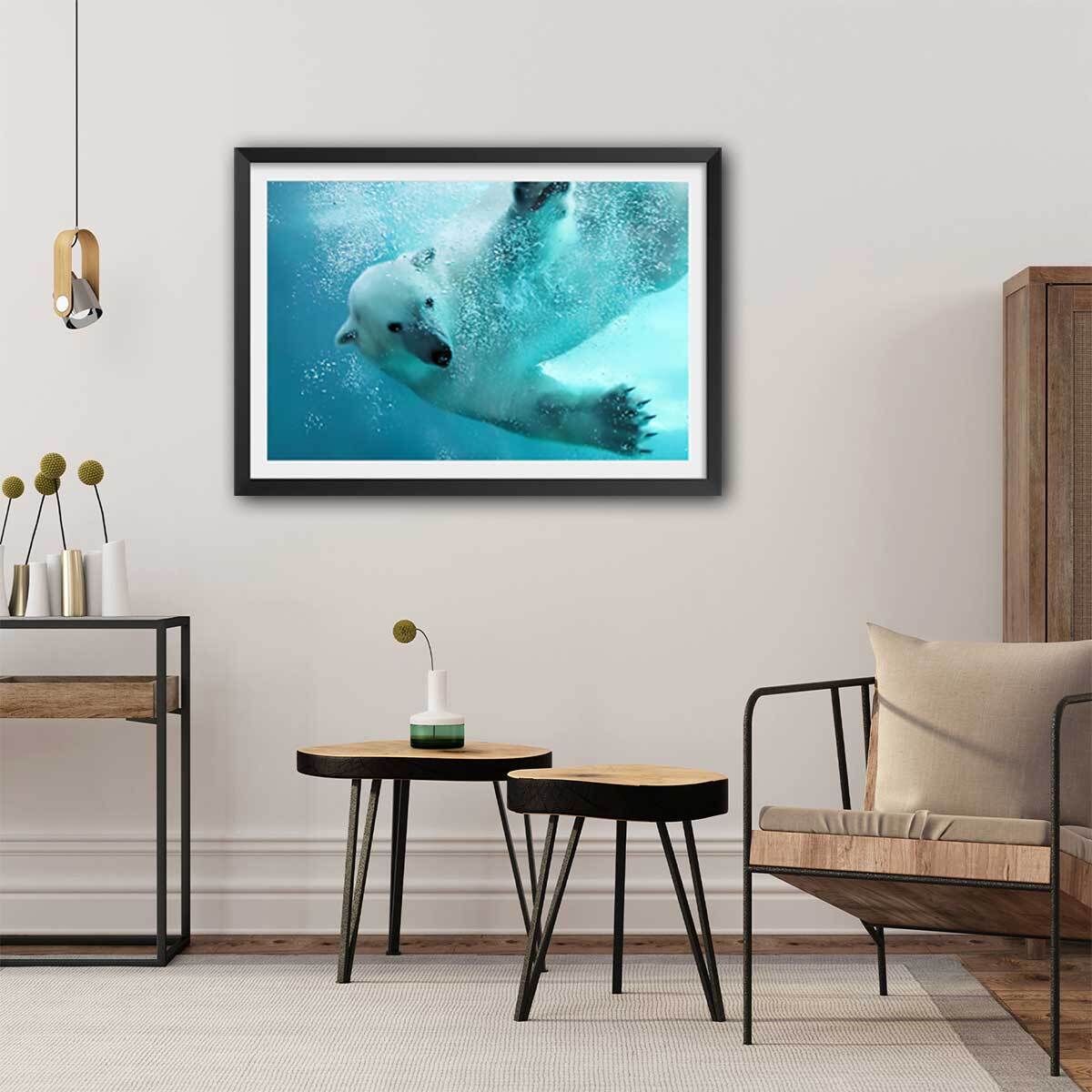 Affiche ours blanc en plein plongeon Affiche sous cadre noir