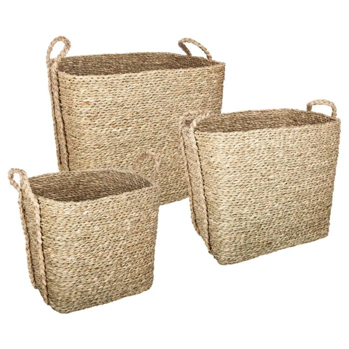 Set de 3 paniers à anses rectangulaires roseau tressé H25/31/41cm