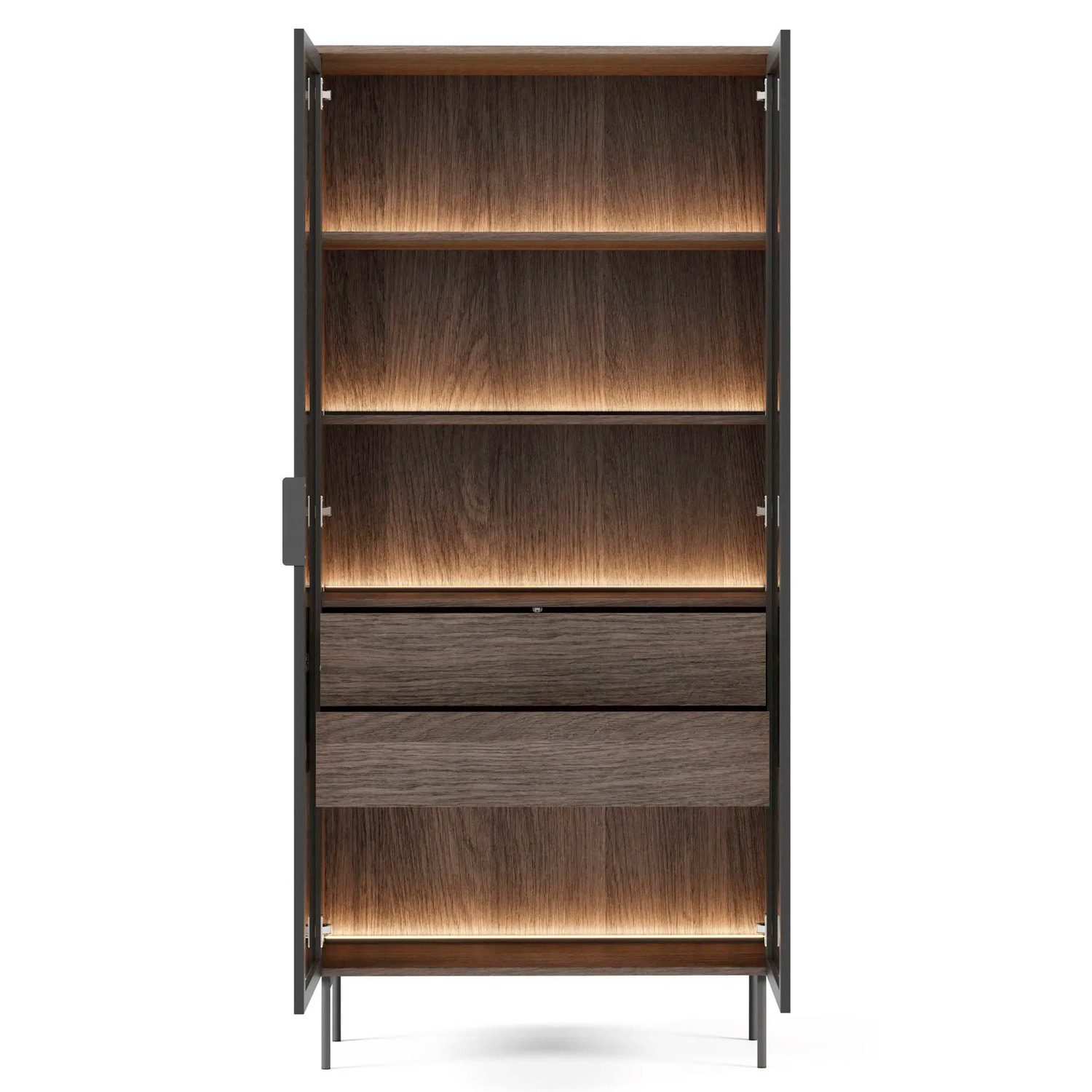 Vetrina Con 2 Ante In Vetro 3 Ripiani e 2 Cassetti Interni Design Moderno con Led Integrato 88.2 x 38 x 193.8 cm Rovere Scuro