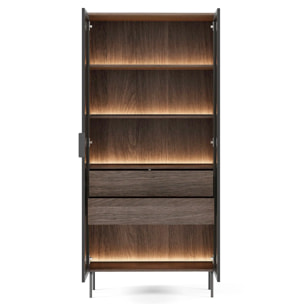 Vetrina Con 2 Ante In Vetro 3 Ripiani e 2 Cassetti Interni Design Moderno con Led Integrato 88.2 x 38 x 193.8 cm Rovere Scuro