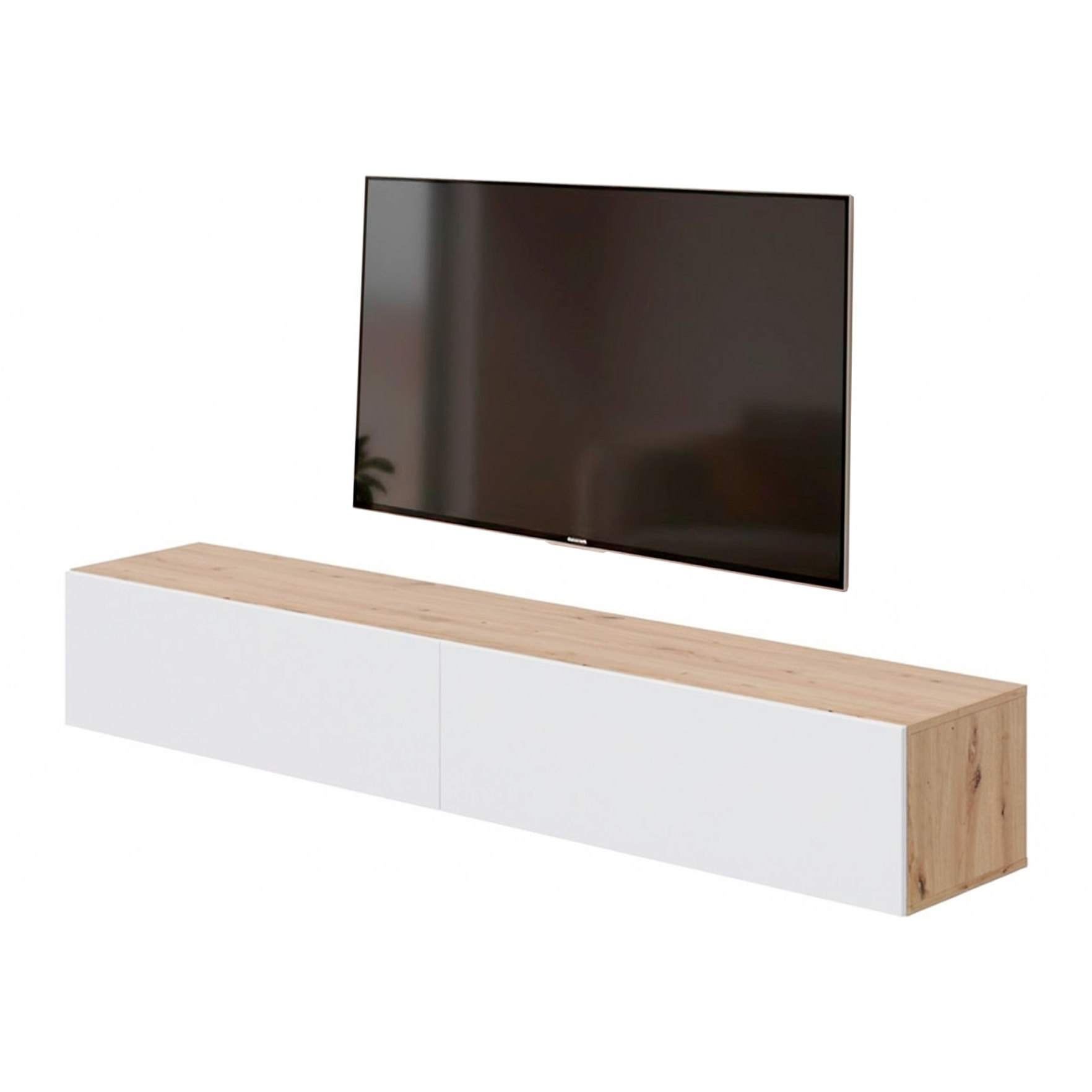 Mobile TV Sospeso Da 180 Cm Parete Attrezzata Con 2 Ante Push Porta TV Moderno In Pannelli Melaminici E1 180 x 34,5 x 28 Cm Rovere E Bianco Opaco