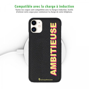 Coque iPhone 11 effet cuir grainé noir Ambitieuse jaune et fushia Design La Coque Francaise