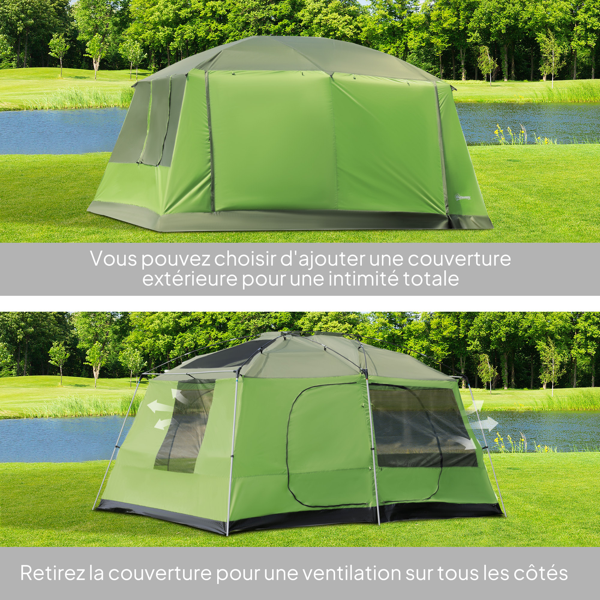 Tente de camping familiale avec porche 4 à 8 personnes sac de transport inclus vert
