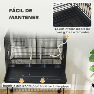 Jaula para Pájaros con Divisor Jaula con Ruedas para Mascota Aves Loros Canarios Pajarera con Comederos Perchas y Bandeja Extraíble 94x57x128 cm Negro