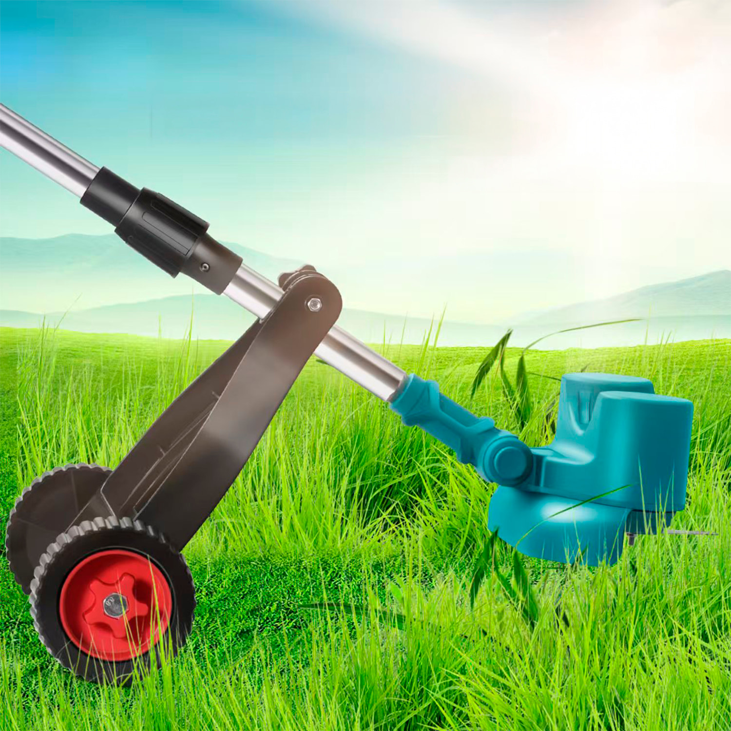 Desbrozadora 21V con 15000rpm, 650W de potencia y doble batería de 15000mAh. Con ruedas extraíbles.