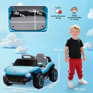 Coche Eléctrico para Niños de +3 Años, Volkswagen E-Buggy, Coche de Batería 12V, con Mando a Distancia 2,4 G, Ruedas con Suspensión, Faros LED, Música, USB, Motor Doble, Azul