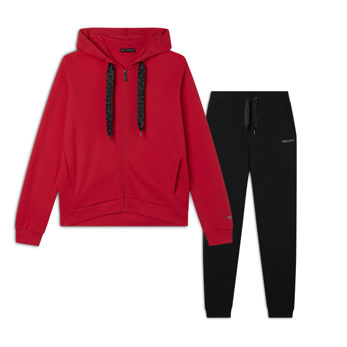Tuta interlock zip e cappuccio con maxi coulisse logata
