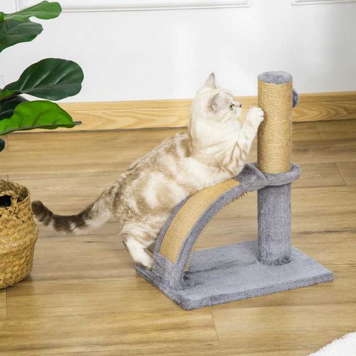 Arbre à chat griffoir grattoir design jeu boule suspendue + demi-arc de massage peluche jute naturelle gris