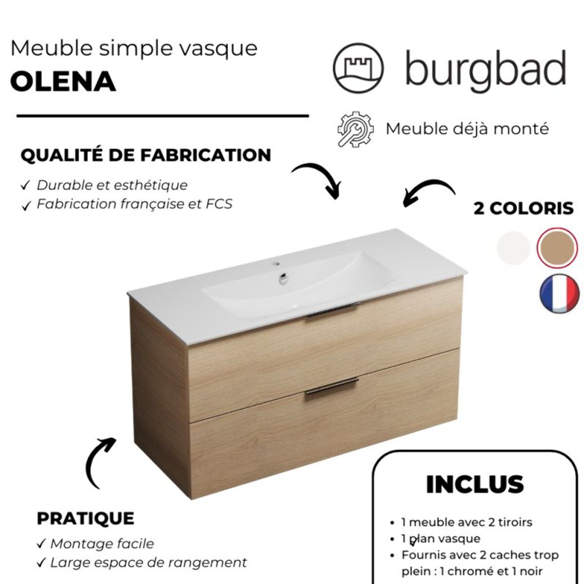 Meuble vasque 120 cm BURGBAD Olena chêne clair + miroir + colonne de salle de bain