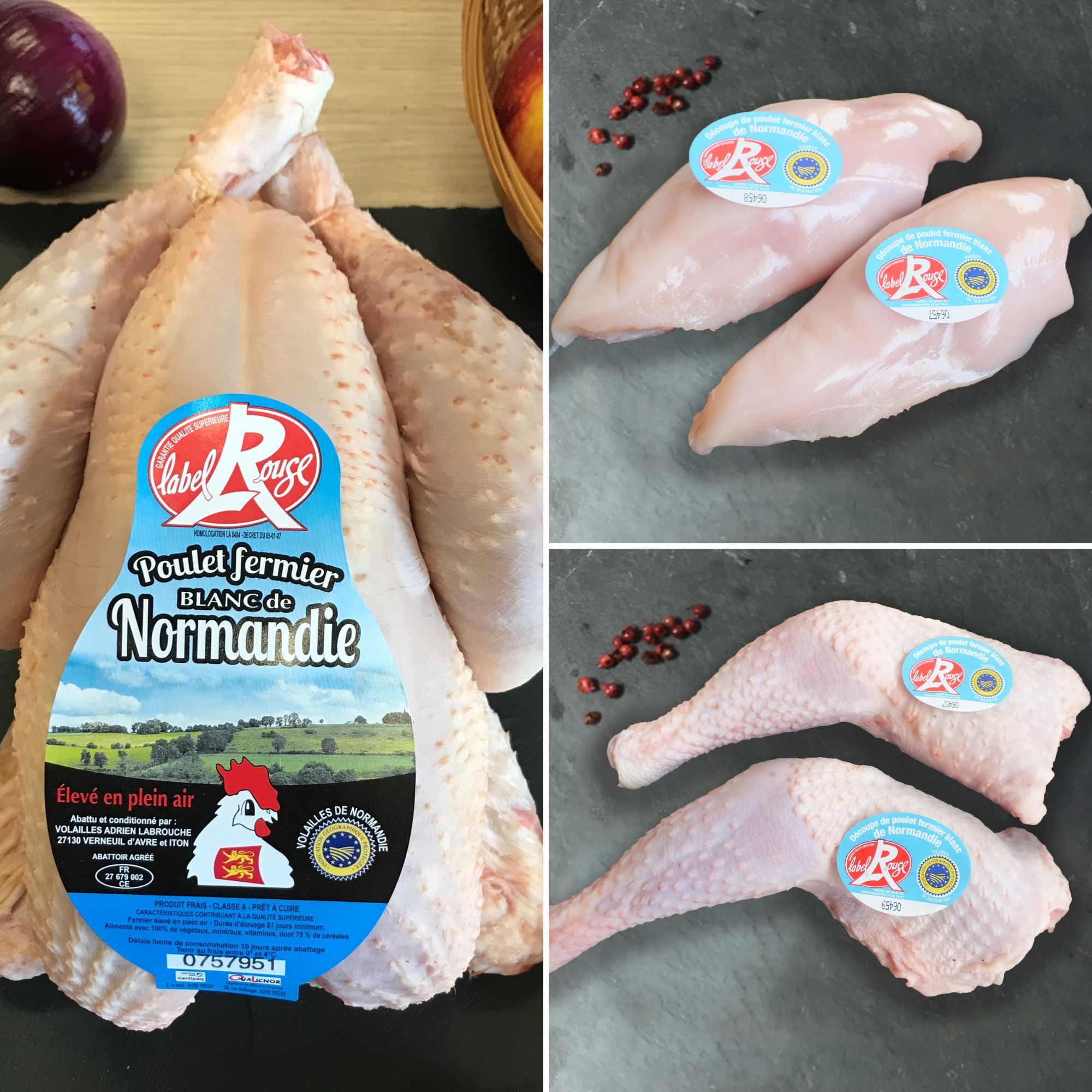 Colis Poulet Fermier Normandie : 1 Poulet 1.4kg, 4 blancs 4x75g et 4 cuisses 4x125g - 2,7kg - France - Adrien Labrouche
