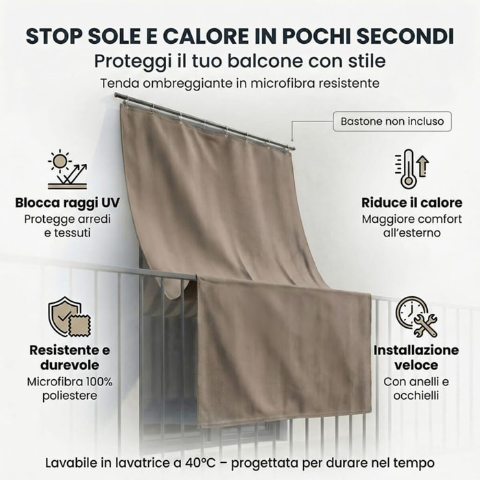 Tenda da sole a caduta impermeabile per esterno con occhielli, telo parasole resistente ai raggi UV e intemperie, protegge da luce e calore, aumenta privacy su balcone e terrazzo, facile da installare, tessuto in poliestere durevole e lavabile