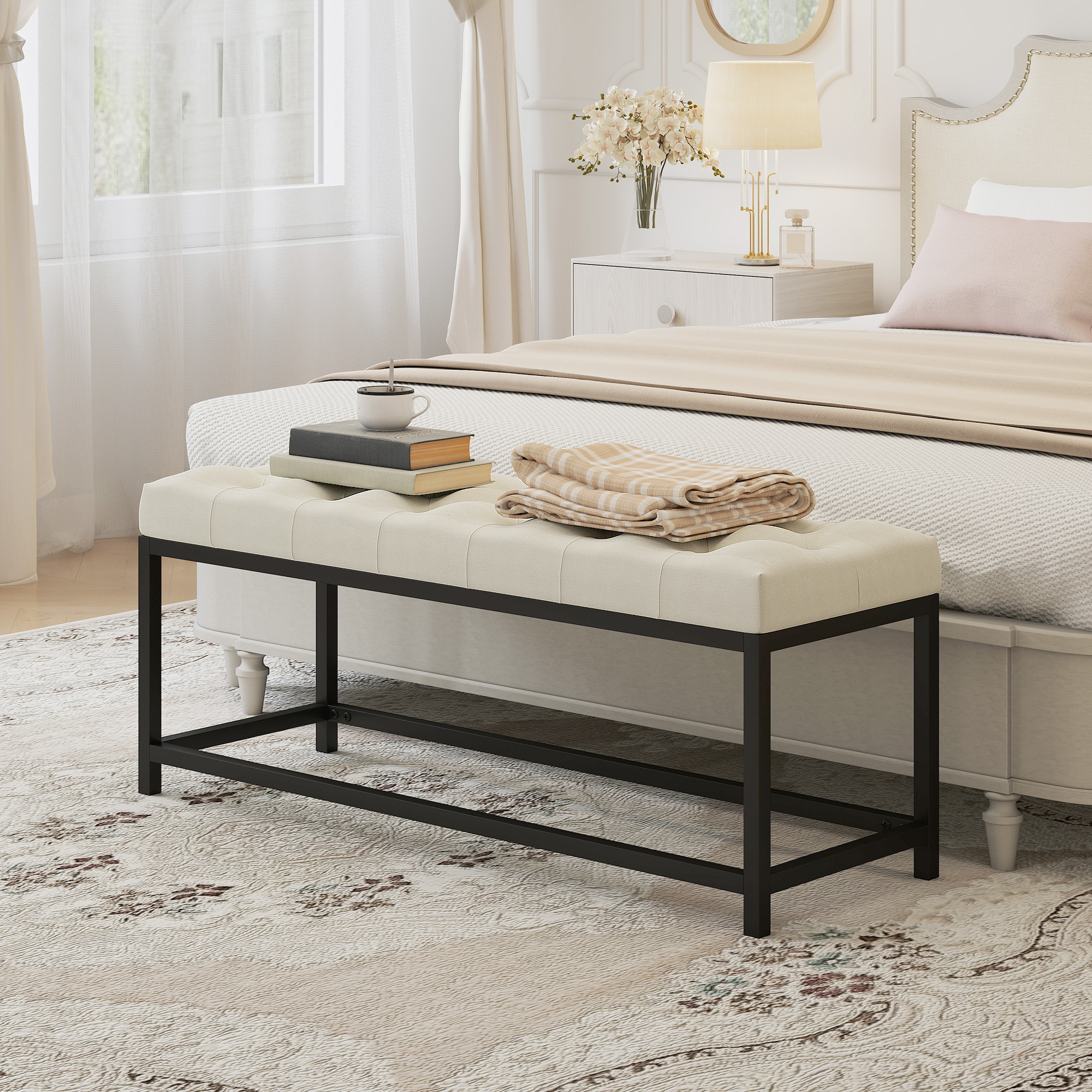 Banco Pie de Cama, Tapizado en Terciopelo, Banqueta para Dormitorio, Diseño Capitoné, Base de Metal, Banco para Dormitorio, Entrada, Salón, Recibidor, Crema