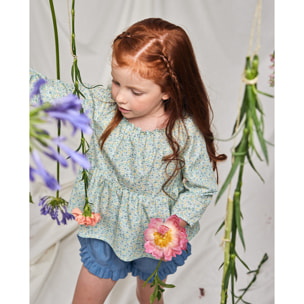 BLUSA FLORES AMARILLA AZUL Y VERDE CON MANGA ABULLONADA