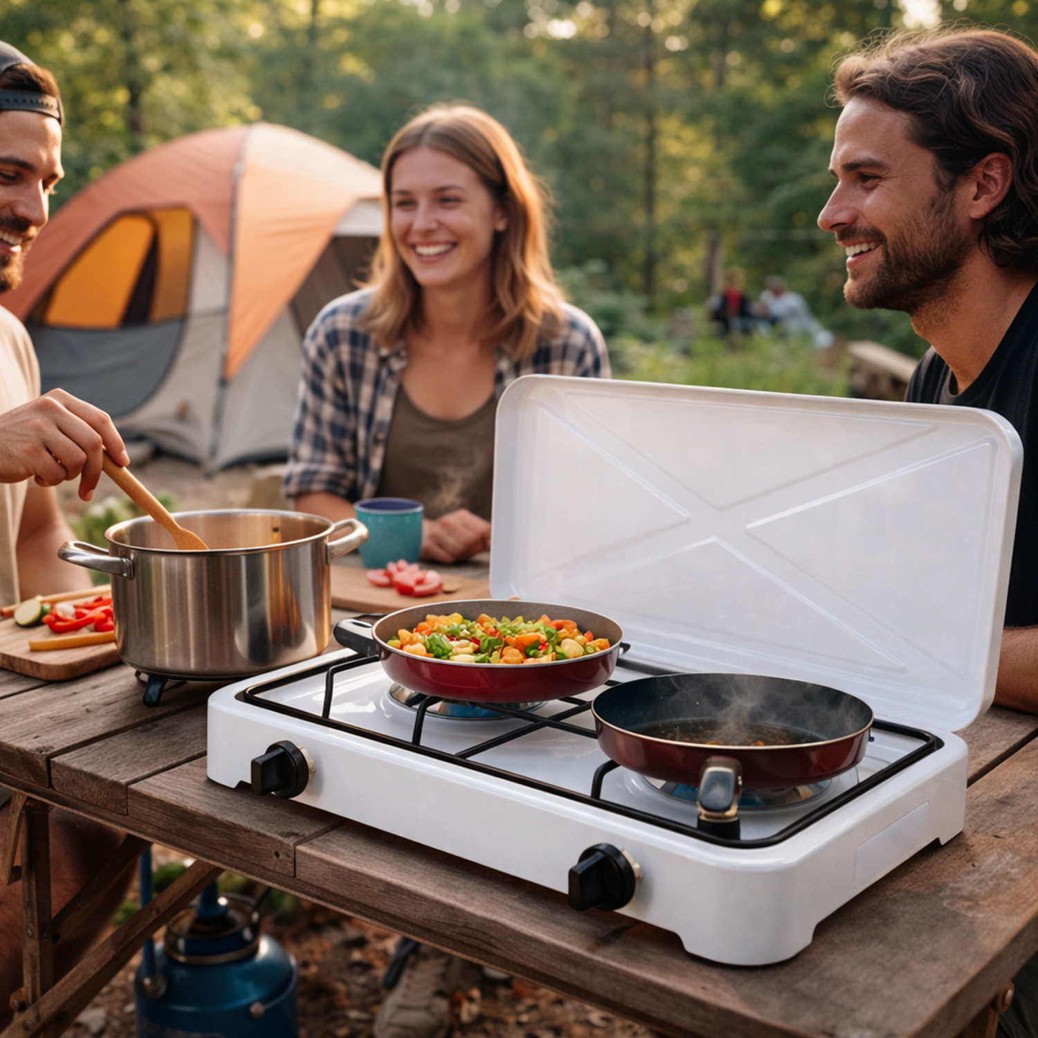 Fornello A Gas Portatile 2 Fuochi con Coperchio Piano Cottura Campeggio GPL Gas Naturale Fornello da Camping In Acciaio Con Griglie Bianco
