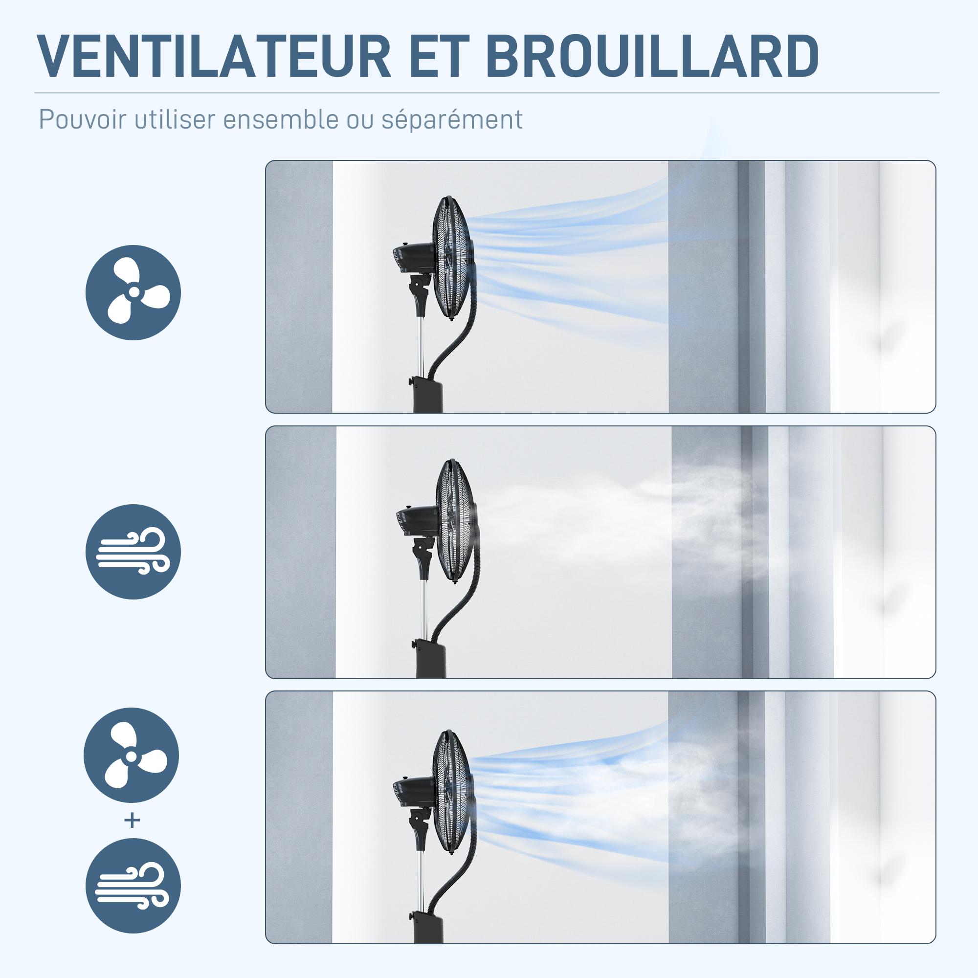 Ventilateur oscillant inclinable sur pied roulettes brumisateur 2 en 1 - 90W - timer, 3 modes, 3 vitesses - télécommande - noir