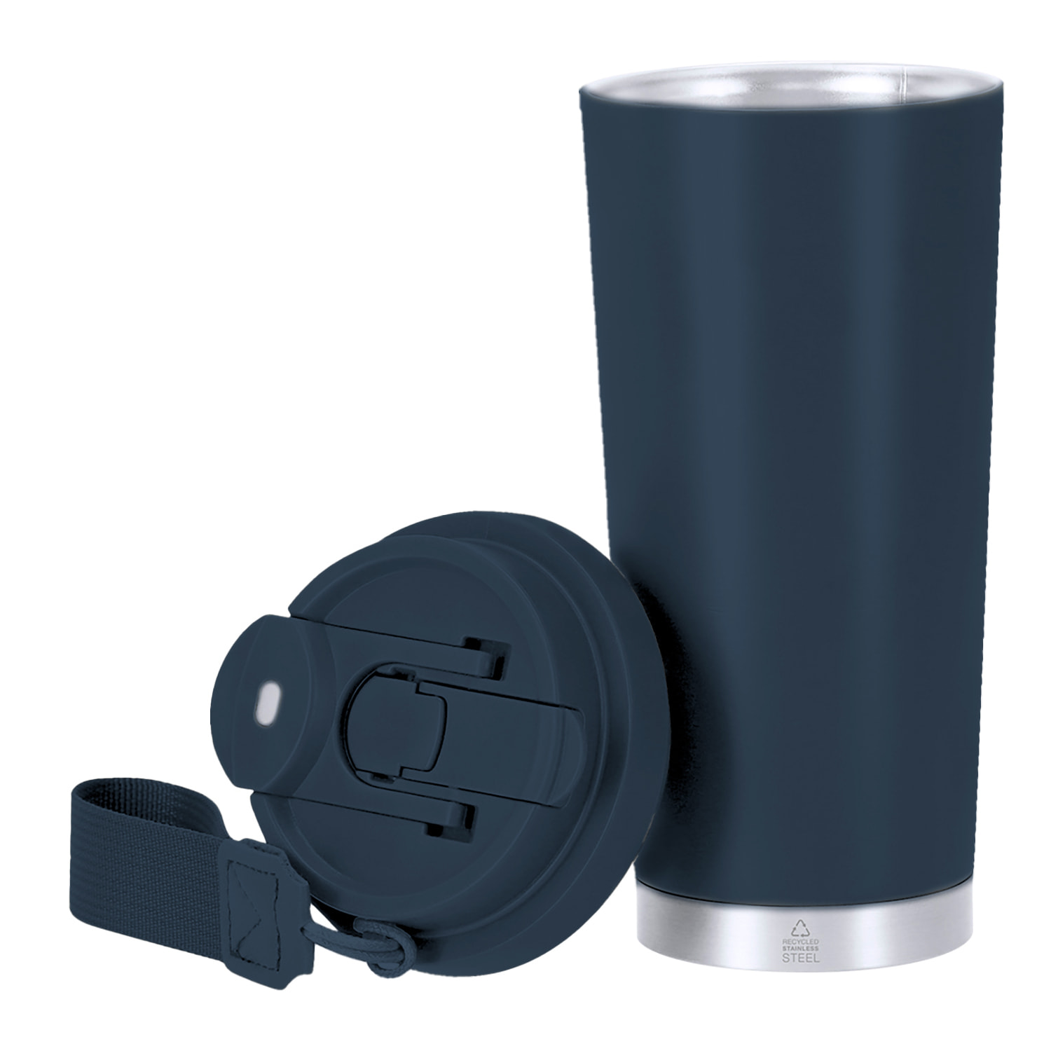 Bicchiere termico con una capacità di 500 ml in acciaio inossidabile riciclato. Dispone di un doppio sistema di bevuta: foro con chiusura ermetica e cannuccia integrata. Senza BPA.