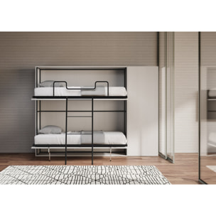 Armoire lit escamotable horizontal superposé 2 couchages 85 Kando avec matelas composition H Frêne Blanc