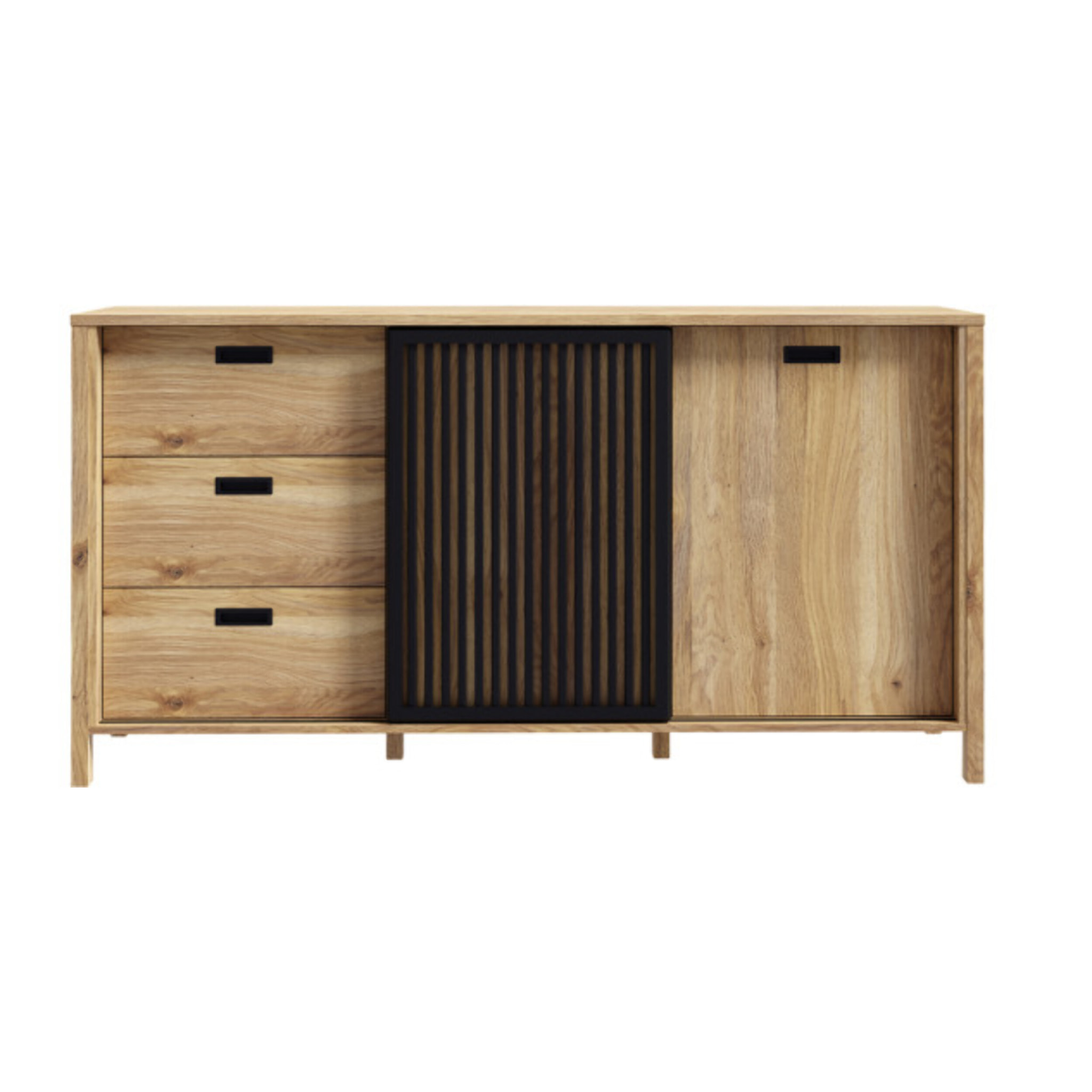 Buffet L175 cm 3 tiroirs 2 portes décor bois chêne et noir - BOSTON