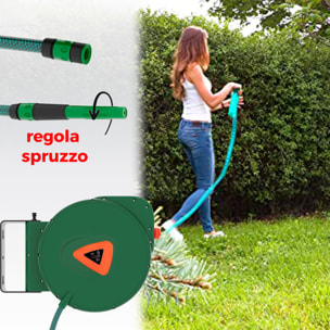 Avvolgitubo acqua con tubo da Giardinaggio Irrigazione Giardino Terrazzo Orto Riavvolgimento Automatico Rotazione 180° Fissaggio A Muro 20 mt Verde