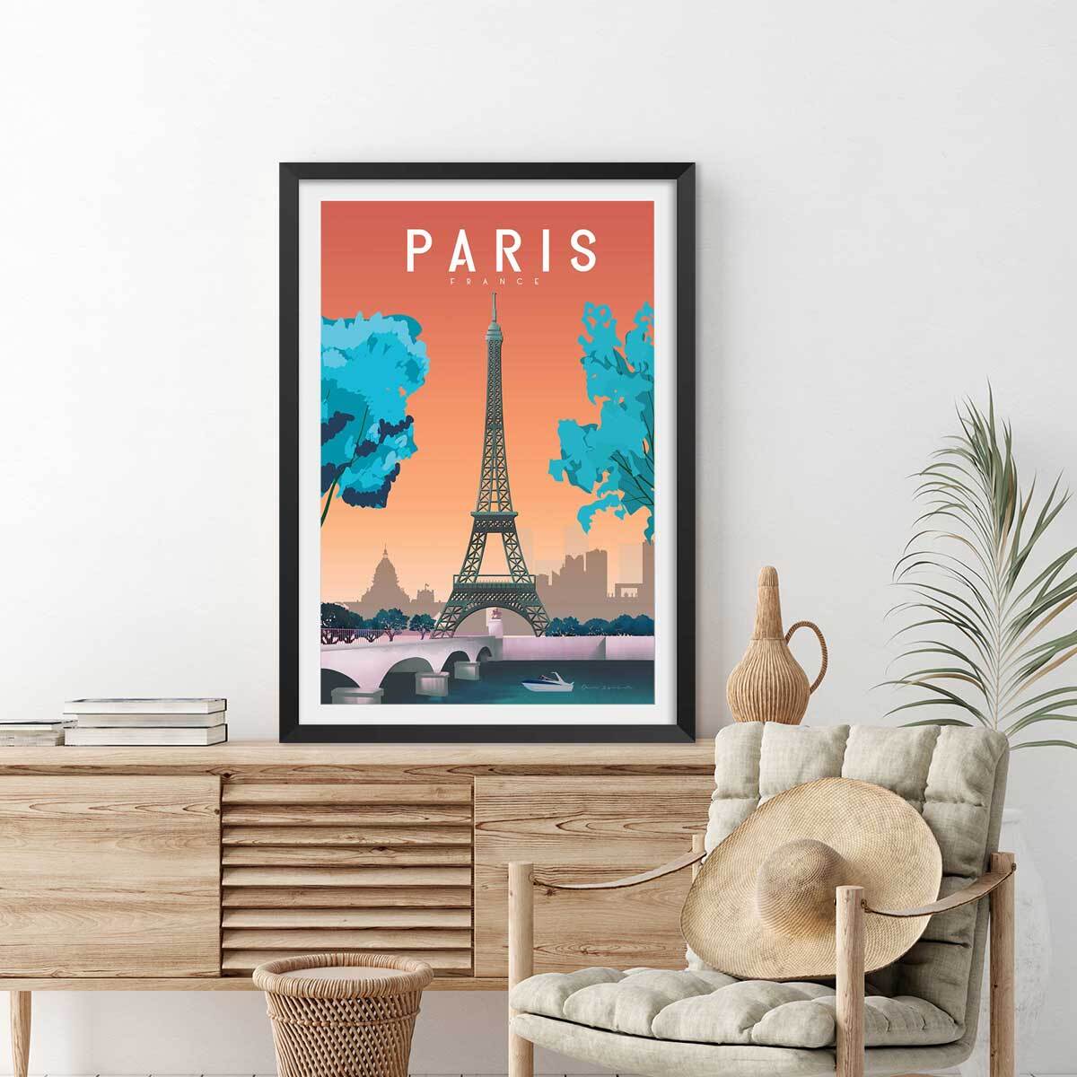 Affiche ville retro Paris France Affiche + cadre en bois - Noir