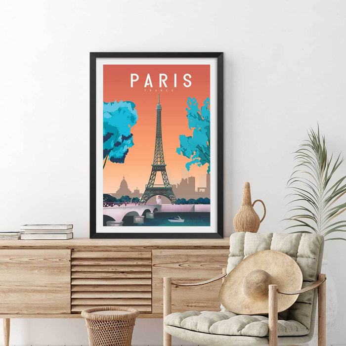 Affiche ville retro Paris France Affiche + cadre en bois - Noir