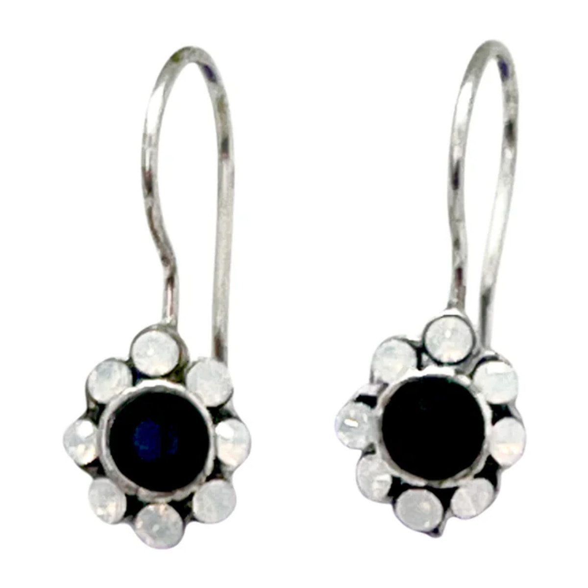 Pendiente flor cristal Sw en negro y blanco plata 10µ