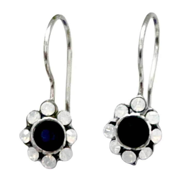 Pendiente flor cristal Sw en negro y blanco plata 10µ