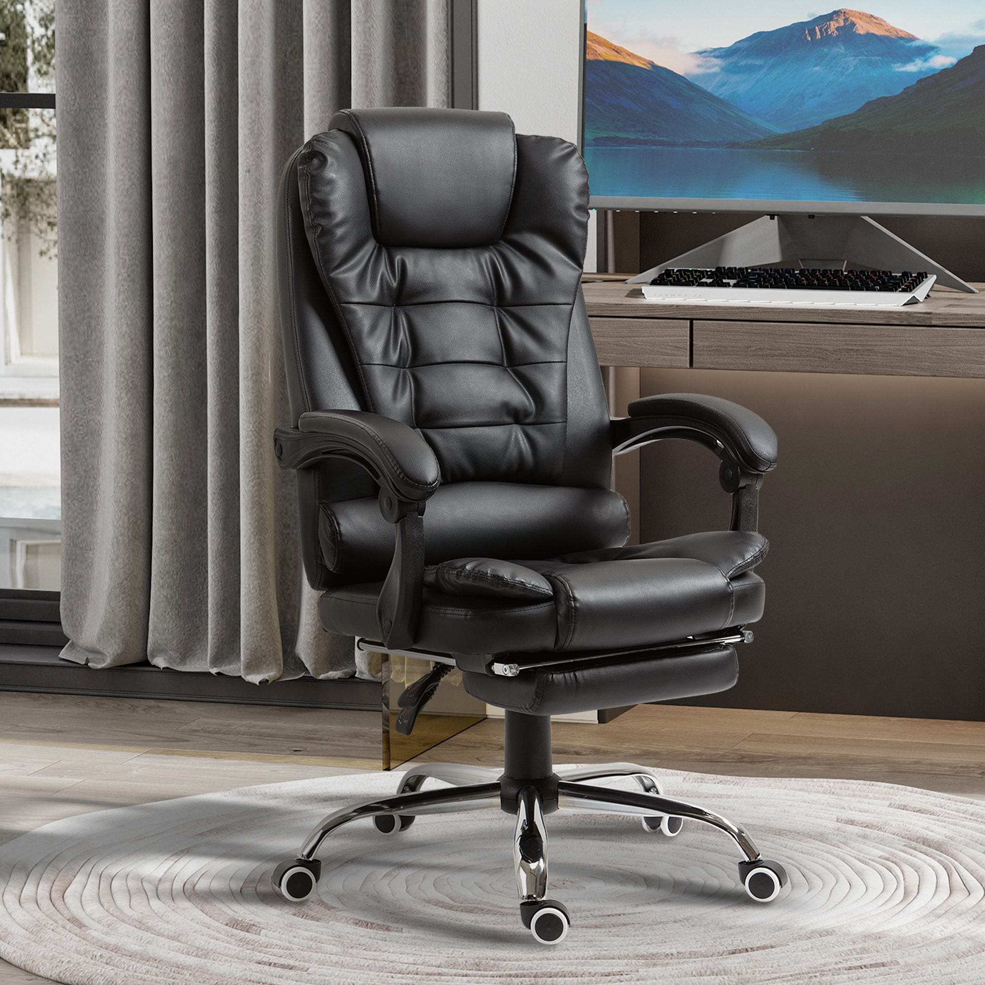 Silla de Oficina Reclinable Silla de Escritorio con Reposapiés Silla Ejecutiva Giratoria con Altura Ajustable Tapizada en PU y Reposabrazos para Estudio Negro