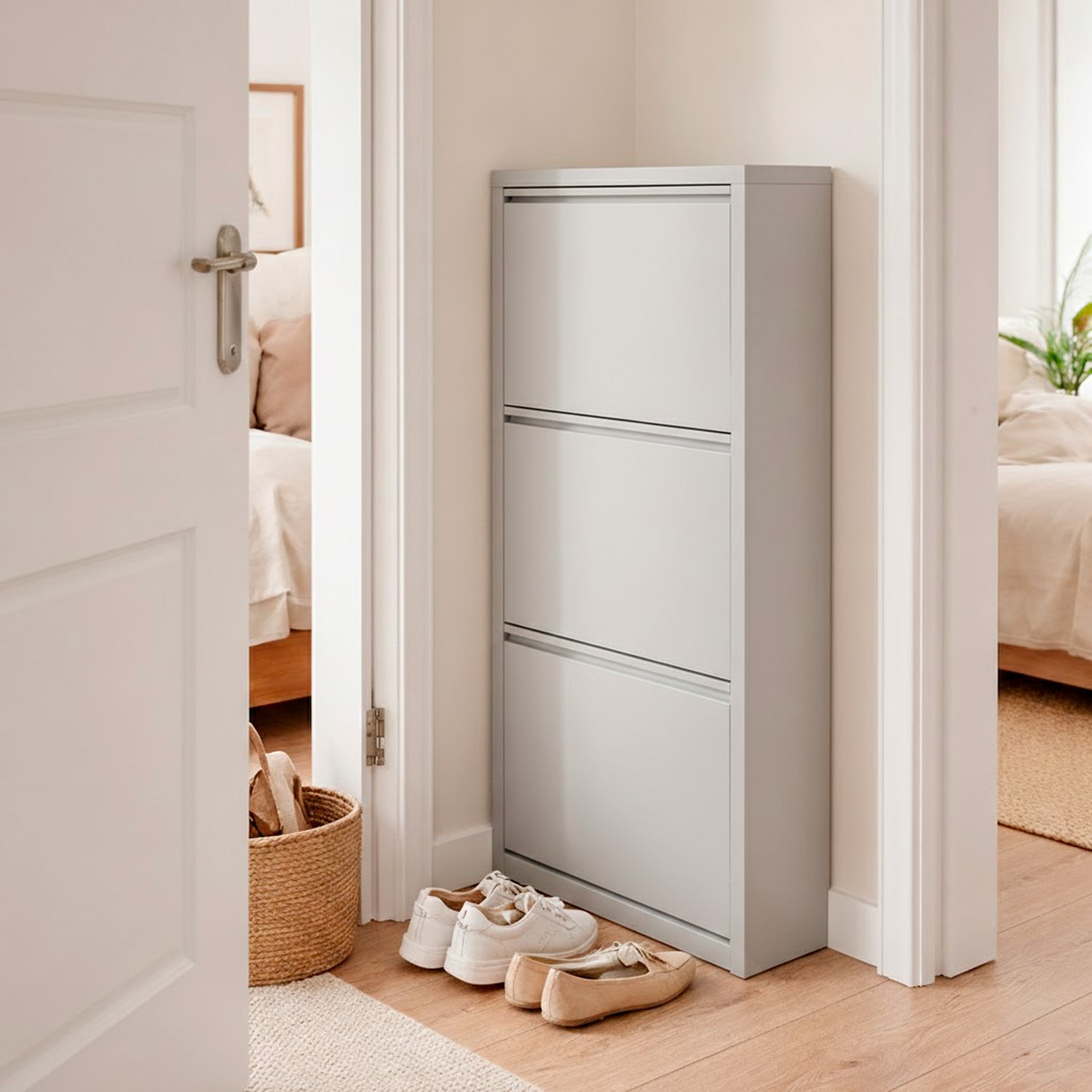 Scarpiera Slim In Metallo 3 Ante A Ribalta Ultra Sottile Salvaspazio Mobile Portascarpe Moderno Ingresso Camera Corridoio 104 x 50 x 15 Cm Grigio