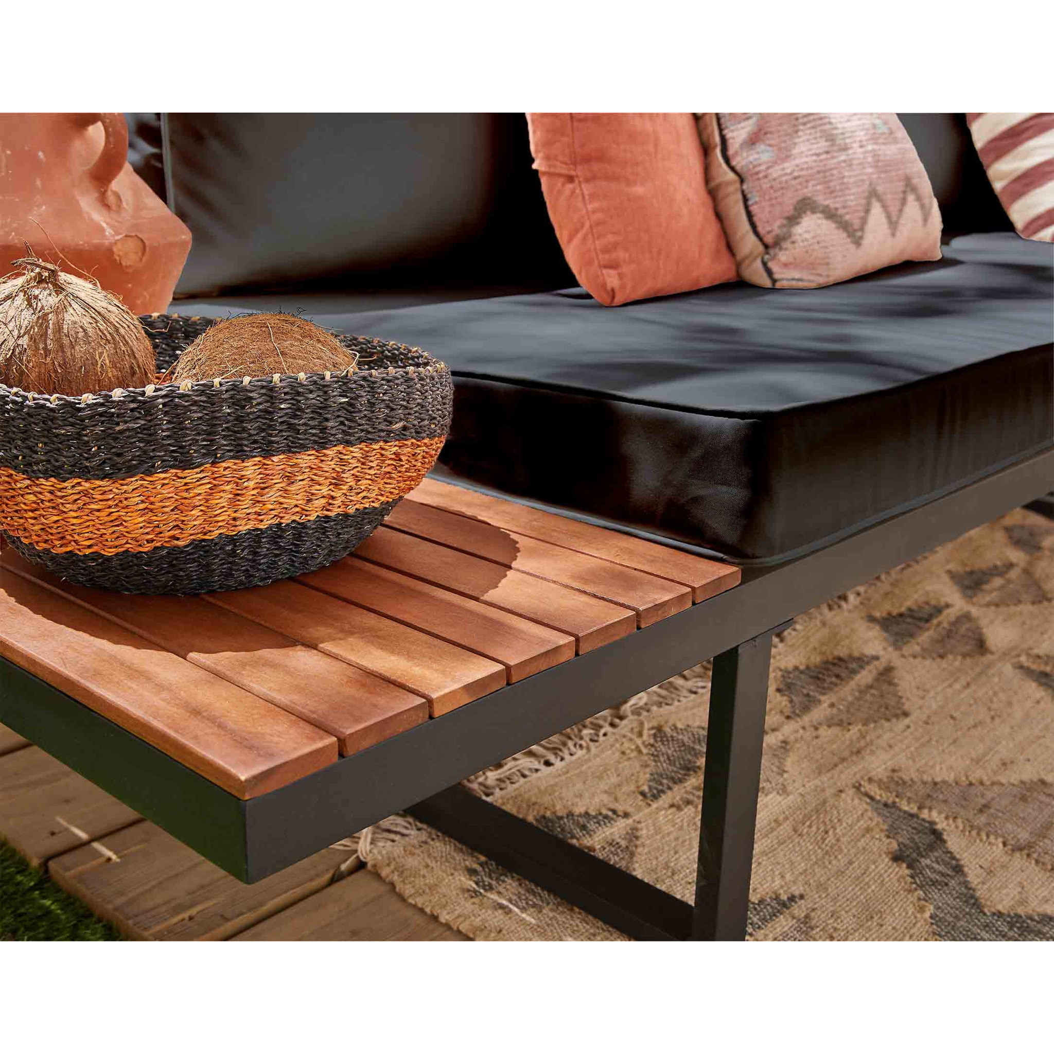 Yulara - salon de jardin en bois et métal - 5 places - coussins gris - Noir / Bois / Beige