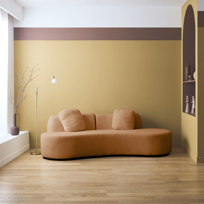 Canapé virgule 3 places en tissu bouclette camel forme organique - WAVE L 232 x P 97 x H 68cm