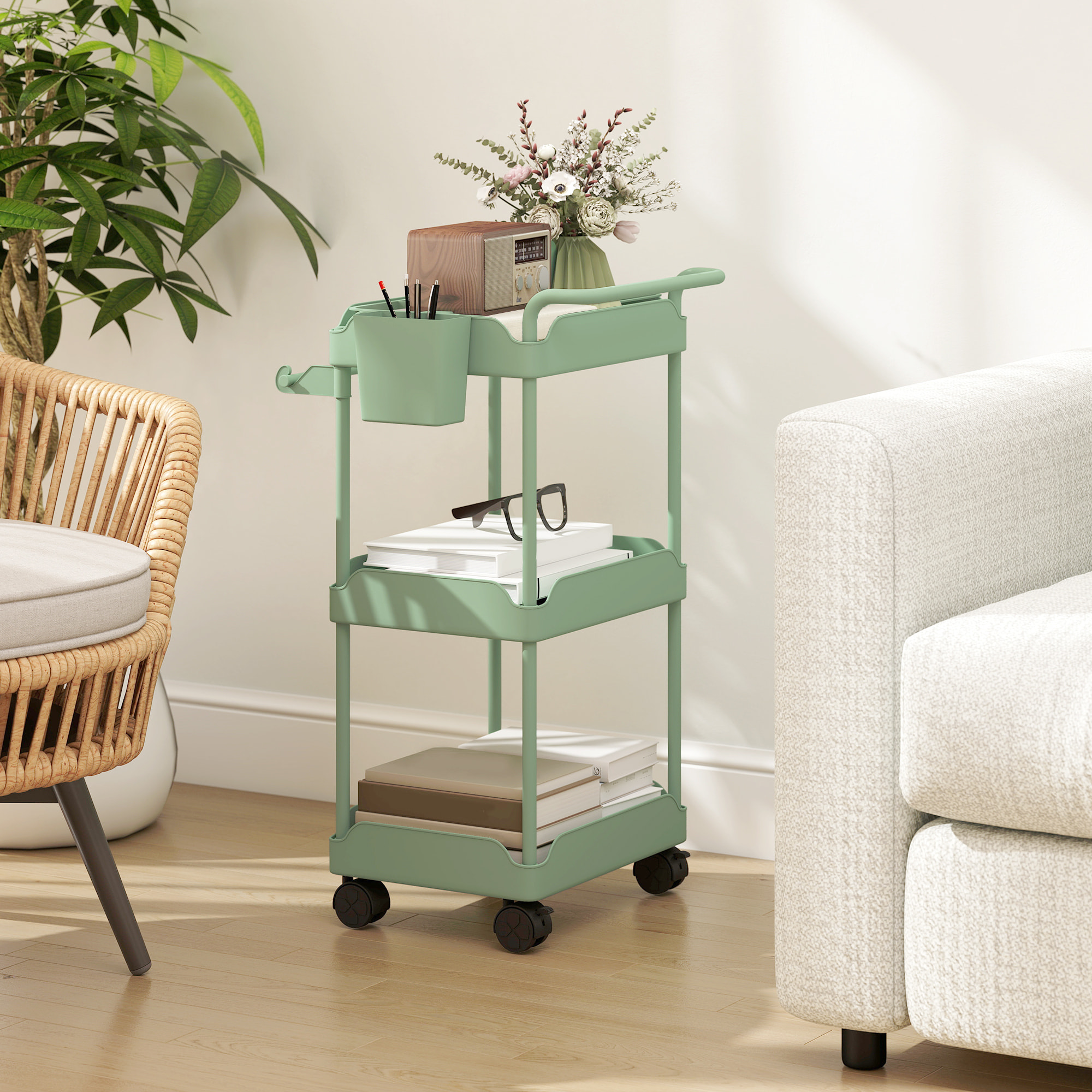 Carrito Auxiliar con Ruedas de 3 Niveles, Carrito de Cocina con Cestas Extraíbles, Ruedas con Freno, Soporte para Toallas y Marco de Metal, Carro de Servicio para Comedor, Salón, Baño, Verde