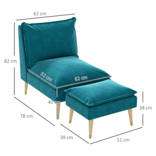Fauteuil design scandinave grand confort - repose-pied inclus - piètement effilé incliné bois hévéa velours turquoise