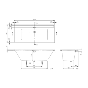Baignoire droite 170 x 75 VILLEROY & BOCH Collaro acrylique blanc brillant avec vidage et trop plein blanc brillant