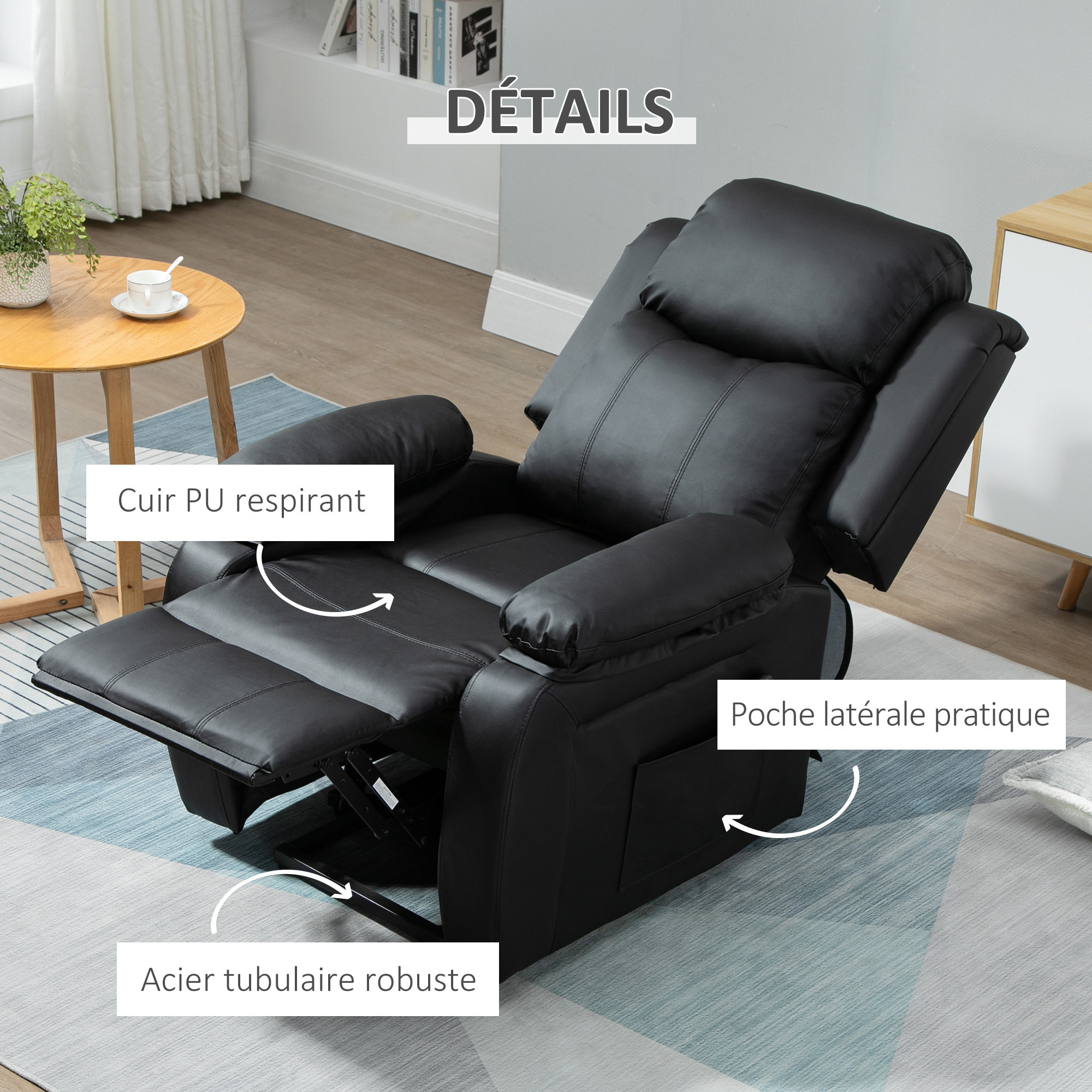 Fauteuil de relaxation électrique fauteuil releveur inclinable repose-pied ajustable revêtement synthétique noir