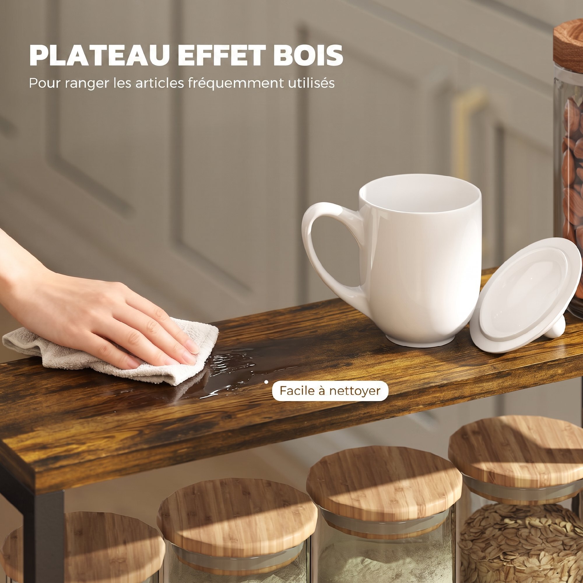 Desserte cuisine 4 paniers maillage métallique plateau effet bois