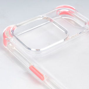 Carcasa transparente con relieve protector para cámara, esquinas reforzadas rosas, antichoque y antihuellas Magsafe para iPhone 17 Pro.