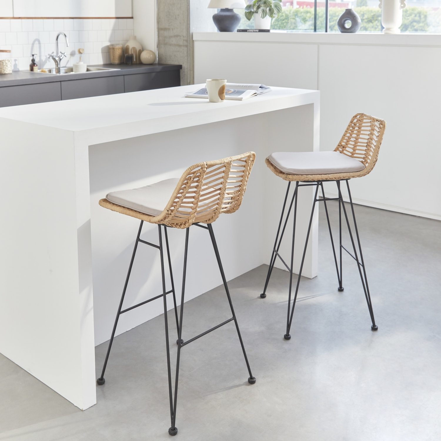 Tabouret de bar métal et rotin 67cm (lot de 2) CAHYA