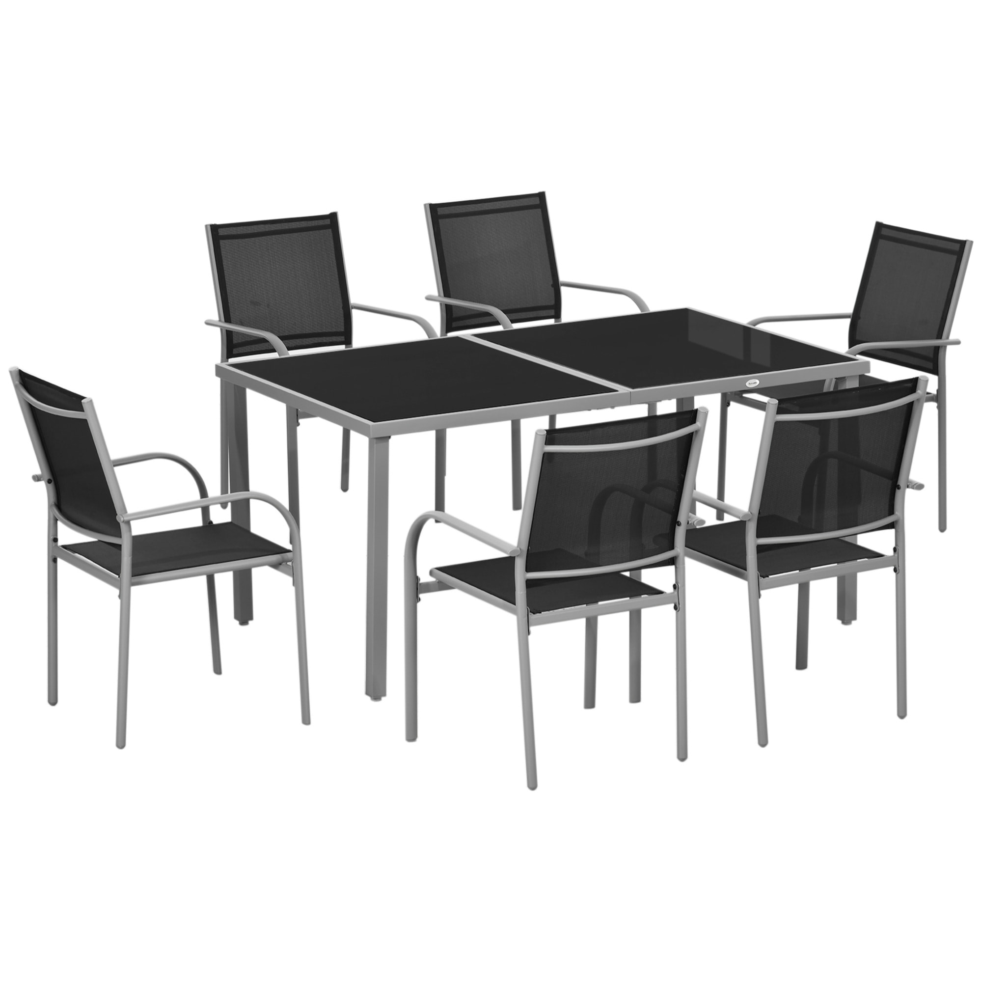 Ensemble de jardin 6 personnes chaises empilables table à manger dim. 150L x 90l x 72H cm plateau verre acier époxy textilène noir