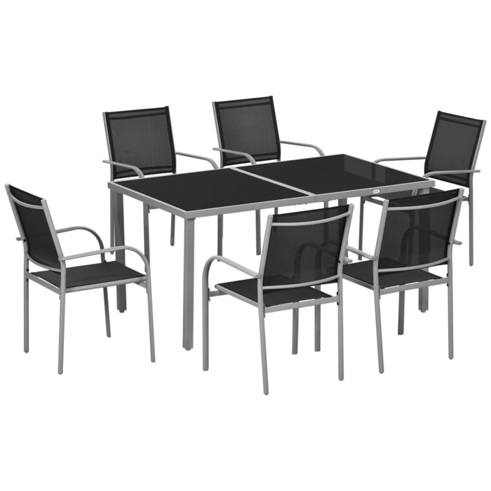 Ensemble de jardin 6 personnes chaises empilables table à manger dim. 150L x 90l x 72H cm plateau verre acier époxy textilène noir