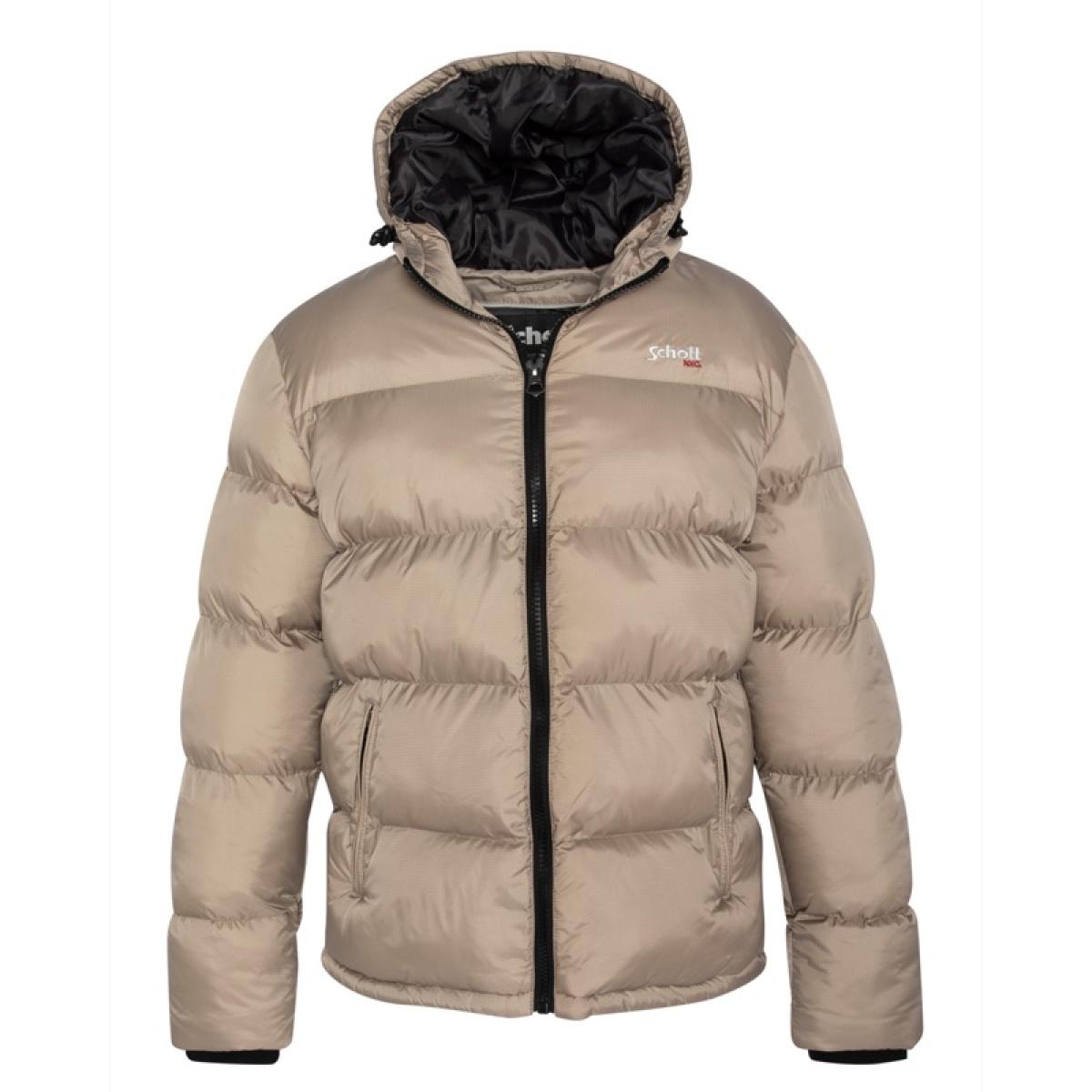 IDAHO2 SIMPLE HOODED & PADDED JACKET WITH SCHOTT NYC CHEST EMBROIDERY 100% NYLON Beige