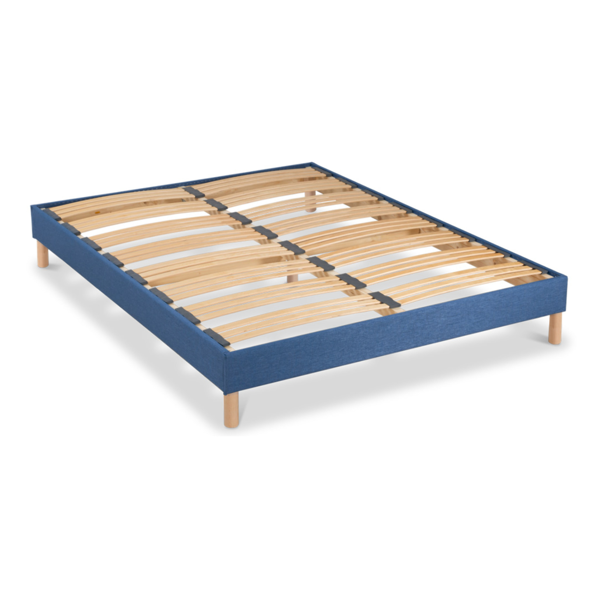 Sommier Lumière Technologie Tri-Lattes, tissu bleu marine, Bois Épicéa, H30 cm, Lattes Actives, Aération Optimale
