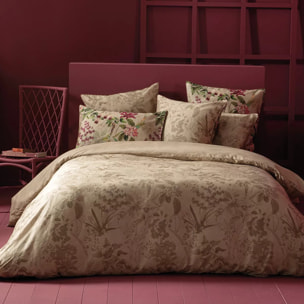 Drap plat satin de coton imprimé vert rose beige Parfum d'orchidee grege