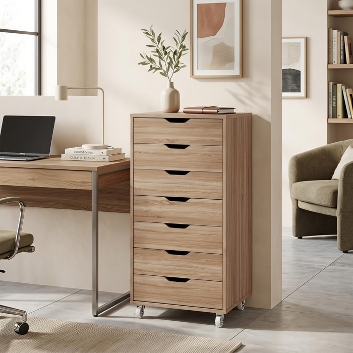 Caisson bureau - rangement bureau 7 tiroirs - dim. 47,5L x 39,5l x 90H cm - effet bois clair