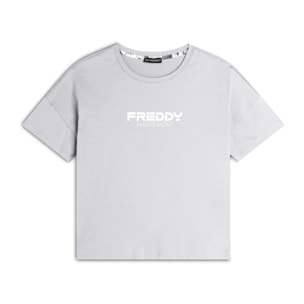 T-shirt donna comfort fit corta con stampa e spacchi